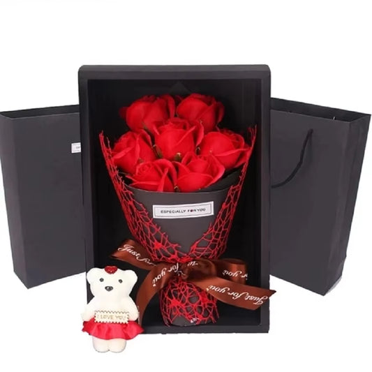 Valentine'S Day Artificial Flowers 7 Rose Soap Bouquet Gift Box Teddy Bear Flower Creative Valentine'S Day Gift Home Decor