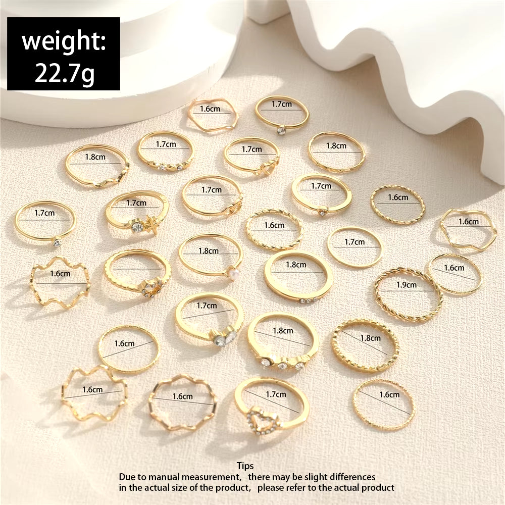 Fashion Simple Wave Joint Rings Set for Women Crystal Heart Shape Gold Silver Color Ring Female Party Jewelry