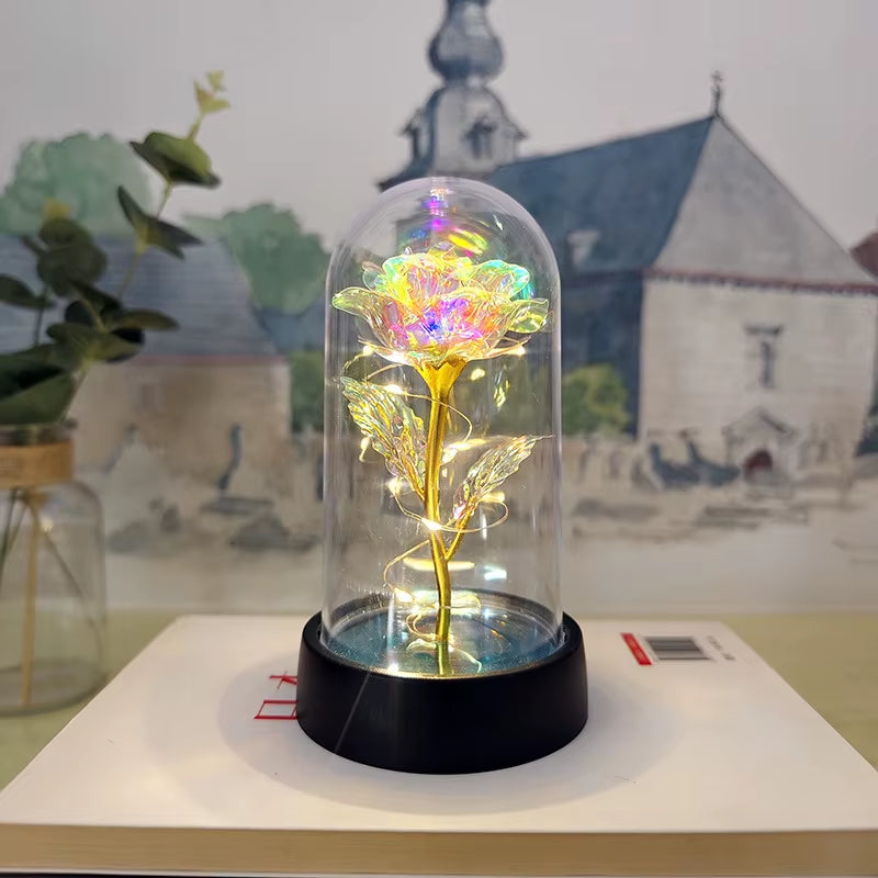 Artificial Glass Flower with Eternal Rose of the LED Light for Women Beauty and Beast Rose Birthday Gifts for Girls Christmas