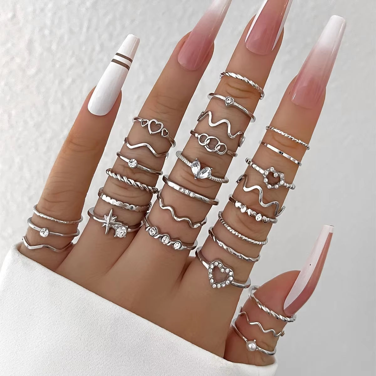 Fashion Simple Wave Joint Rings Set for Women Crystal Heart Shape Gold Silver Color Ring Female Party Jewelry