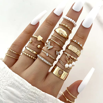 Fashion Simple Wave Joint Rings Set for Women Crystal Heart Shape Gold Silver Color Ring Female Party Jewelry