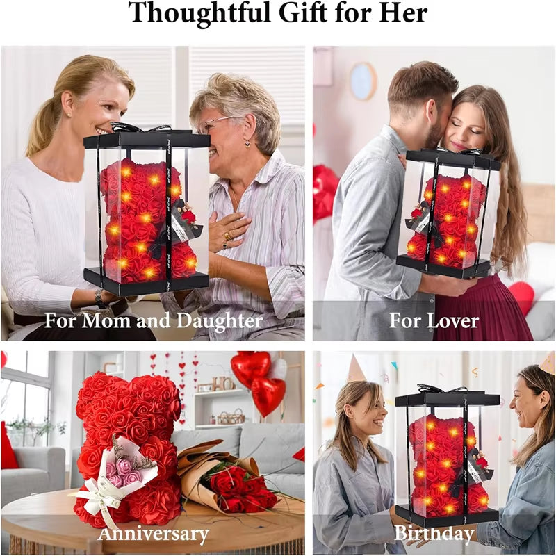 10Inch Flower Bear with Led Light Romantic Valentines Day Anniversary Birthday for Wife Girlfriend Mom with Gift Box and Card