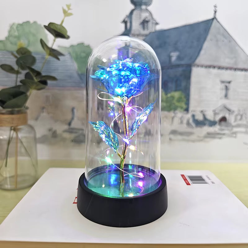 Artificial Glass Flower with Eternal Rose of the LED Light for Women Beauty and Beast Rose Birthday Gifts for Girls Christmas