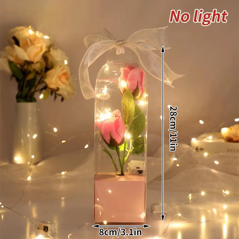 Artificial Flowers LED Red Rose Creative Valentine'S Day Gift Rose in Glass Cover with Stand Light up Rose Wedding Galaxy Rose