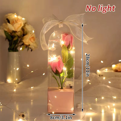 Artificial Flowers LED Red Rose Creative Valentine'S Day Gift Rose in Glass Cover with Stand Light up Rose Wedding Galaxy Rose