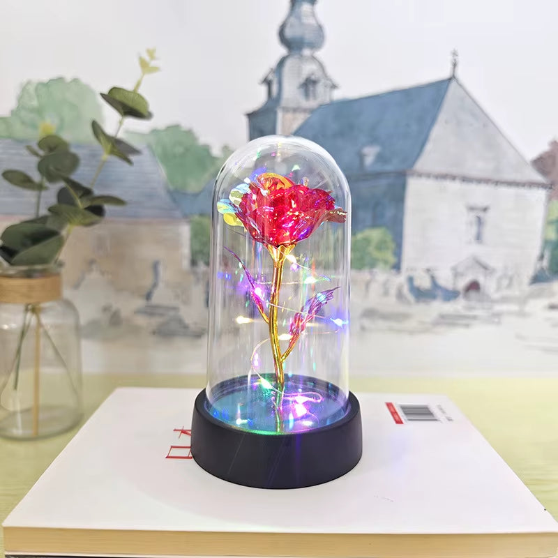 Artificial Glass Flower with Eternal Rose of the LED Light for Women Beauty and Beast Rose Birthday Gifts for Girls Christmas