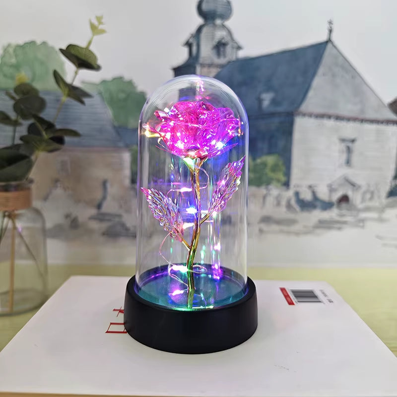 Artificial Glass Flower with Eternal Rose of the LED Light for Women Beauty and Beast Rose Birthday Gifts for Girls Christmas