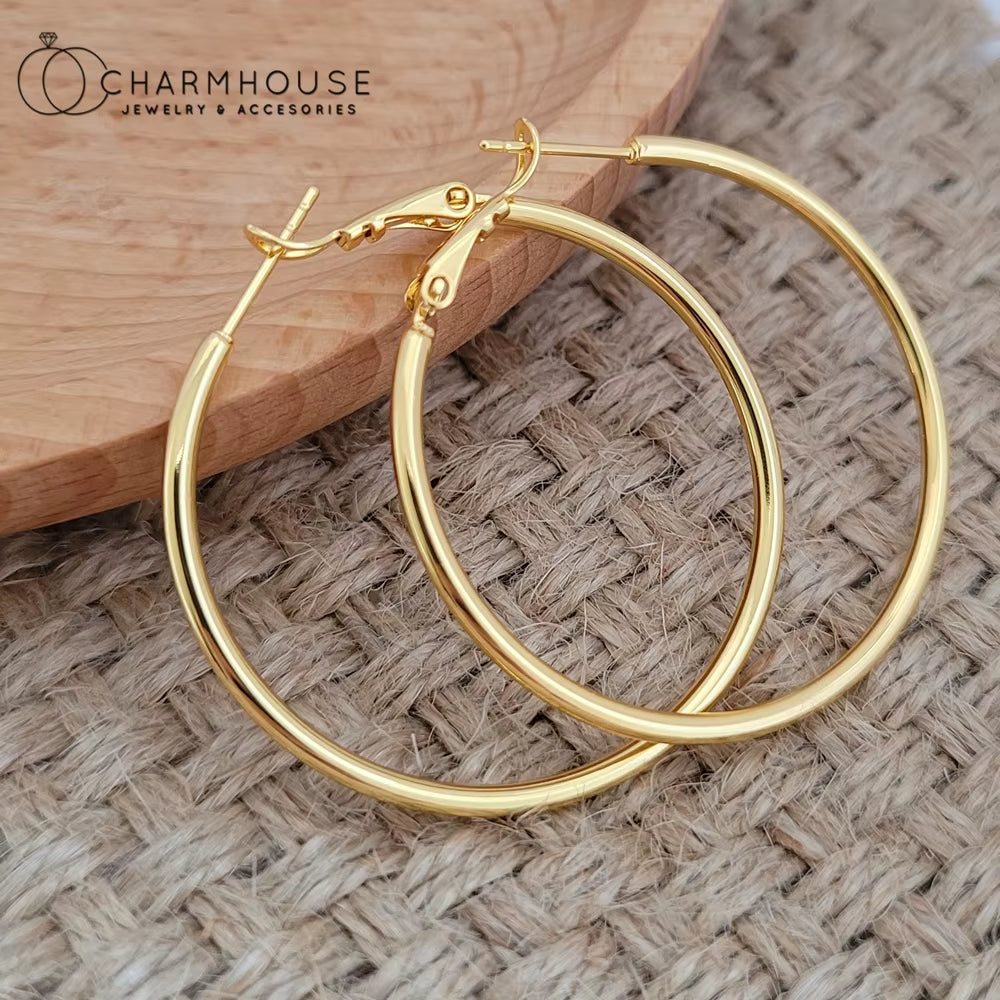 Gold Hoop Earrings 24K Yellow Gold Plated round Big Circle Piercing Earring Set for Women 30/40/50/60Mm Smooth Ear Cuff Jewelry