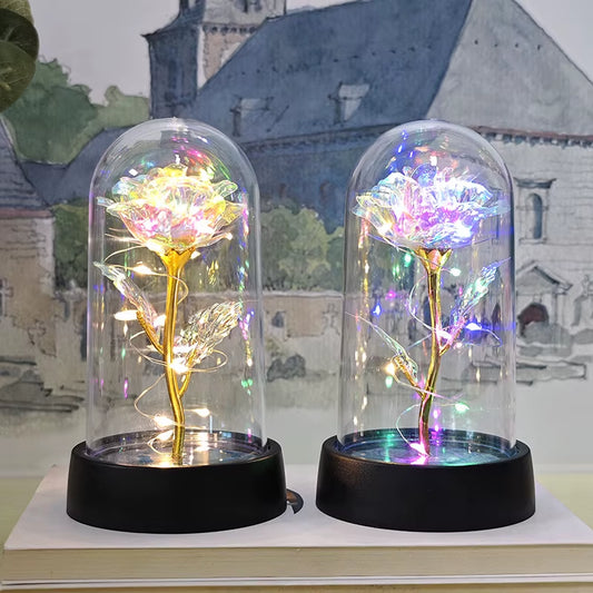 Artificial Glass Flower with Eternal Rose of the LED Light for Women Beauty and Beast Rose Birthday Gifts for Girls Christmas