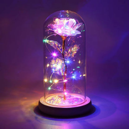 Rose Light Artificial Galaxy Rose Lamp with Butterfly and Colorful LED Rose Flowers in Glass Battery Powered Gifts for Wedding