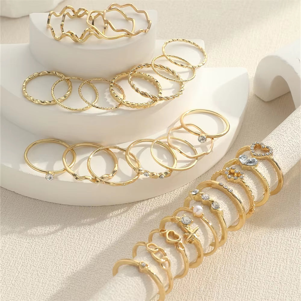 Fashion Simple Wave Joint Rings Set for Women Crystal Heart Shape Gold Silver Color Ring Female Party Jewelry