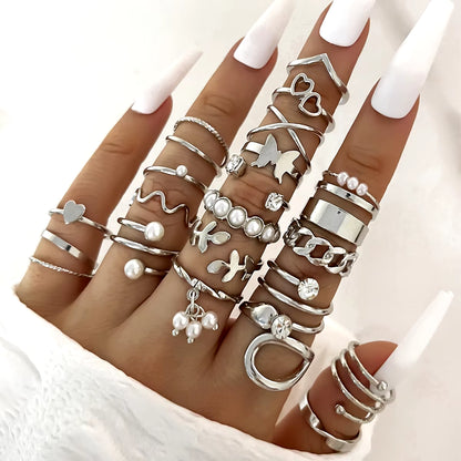 Fashion Simple Wave Joint Rings Set for Women Crystal Heart Shape Gold Silver Color Ring Female Party Jewelry