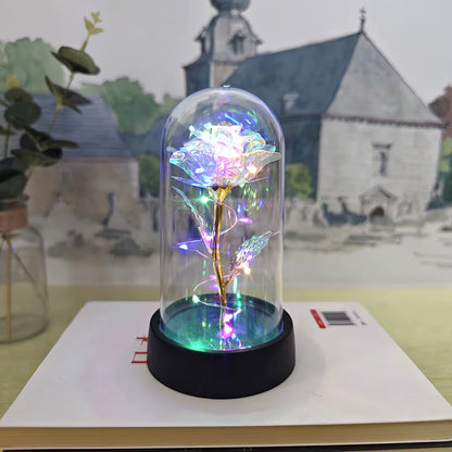 Artificial Glass Flower with Eternal Rose of the LED Light for Women Beauty and Beast Rose Birthday Gifts for Girls Christmas