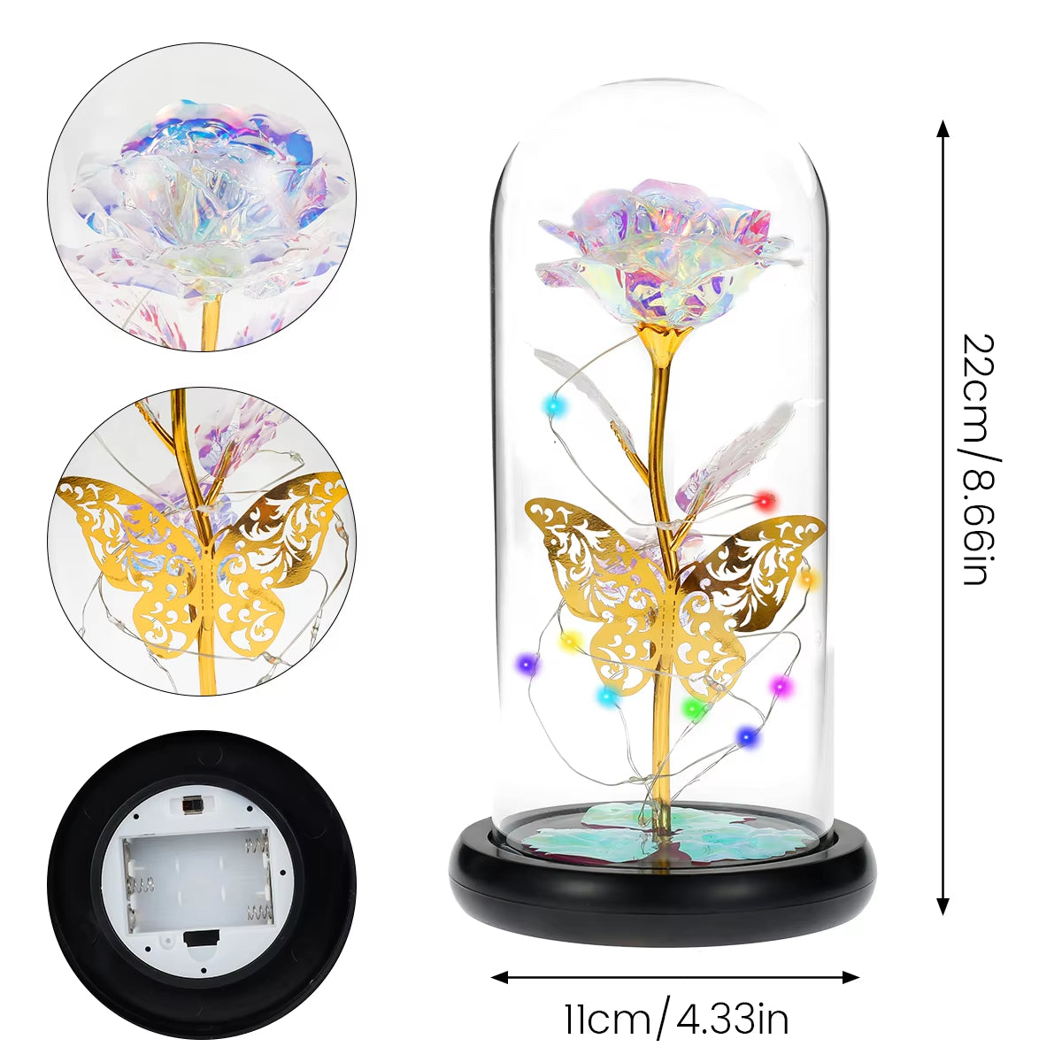 Rose Light Artificial Galaxy Rose Lamp with Butterfly and Colorful LED Rose Flowers in Glass Battery Powered Gifts for Wedding