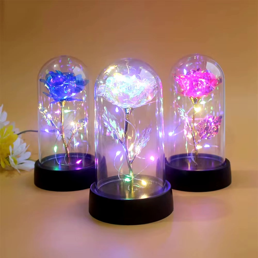 Artificial Glass Flower with Eternal Rose of the LED Light for Women Beauty and Beast Rose Birthday Gifts for Girls Christmas