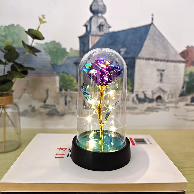 Artificial Glass Flower with Eternal Rose of the LED Light for Women Beauty and Beast Rose Birthday Gifts for Girls Christmas