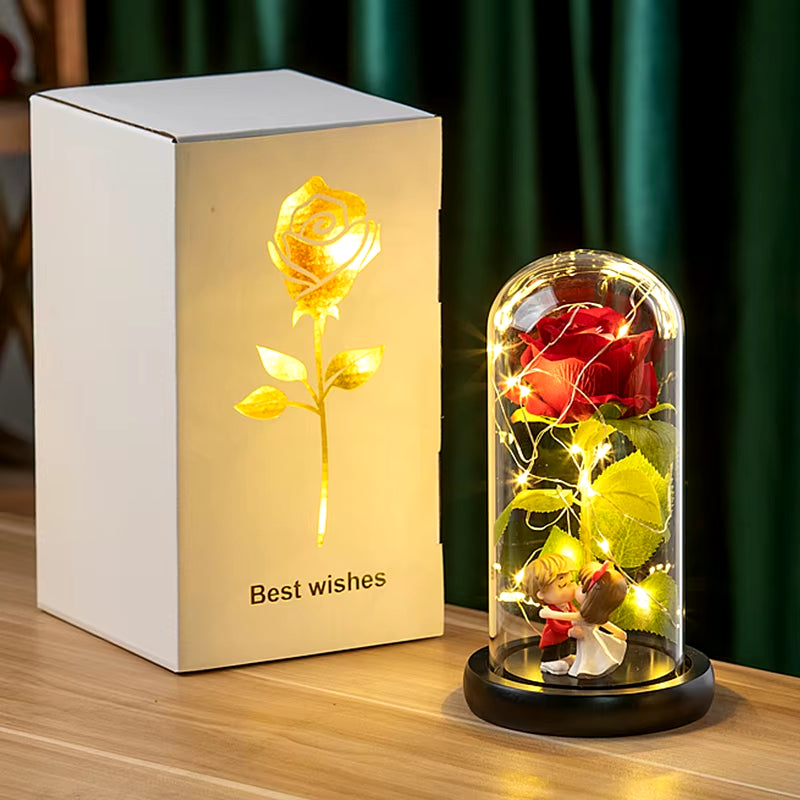 Artificial Flowers LED Red Rose Creative Valentine'S Day Gift Rose in Glass Cover with Stand Light up Rose Wedding Galaxy Rose