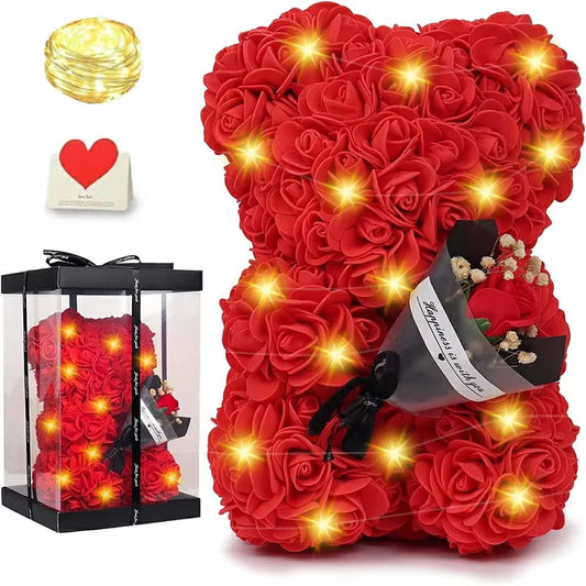 10Inch Flower Bear with Led Light Romantic Valentines Day Anniversary Birthday for Wife Girlfriend Mom with Gift Box and Card