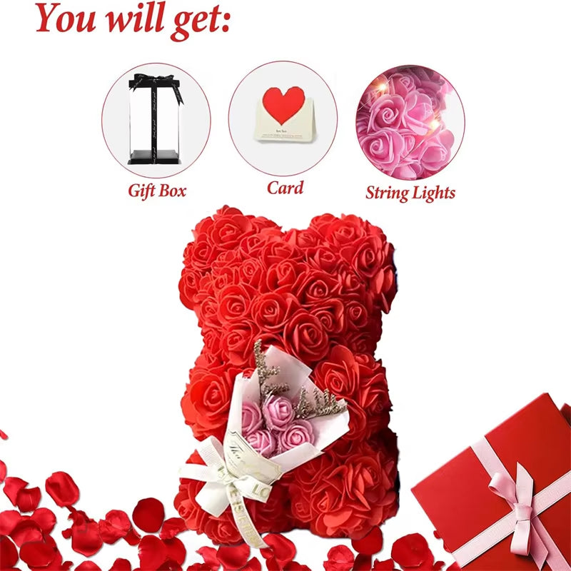 10Inch Flower Bear with Led Light Romantic Valentines Day Anniversary Birthday for Wife Girlfriend Mom with Gift Box and Card