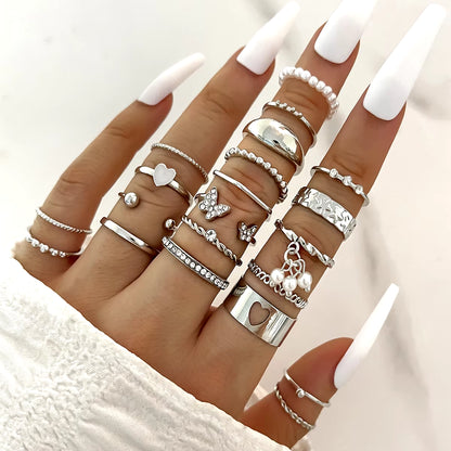 Fashion Simple Wave Joint Rings Set for Women Crystal Heart Shape Gold Silver Color Ring Female Party Jewelry